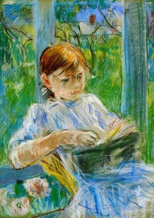 "Retrato da filha da artista, Julie Manet", é uma obra de Berthe Morisot (1841-95), mãe de Julie. A artista se casou com o irmão de Edouard Manet, Eugene. E ela pintou uma garotinha lendo um livro. Perfeito, feminismo na veia em pleno século XIX.