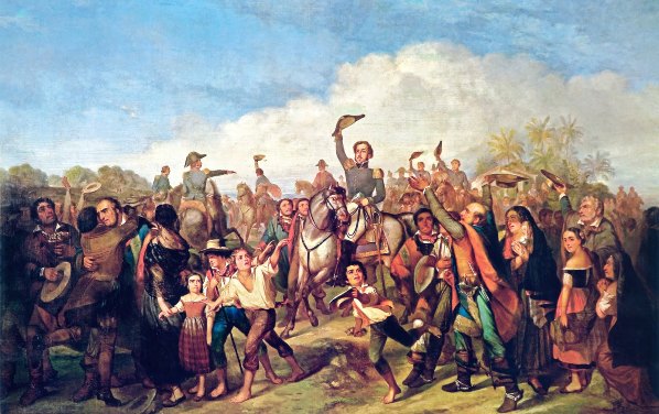 "A proclamação da independência", de François-René Moreau (1807-60), retrata  D. Pedro I aclamado pela multidão após ter proclamado a Independência. A obra é de 1844.