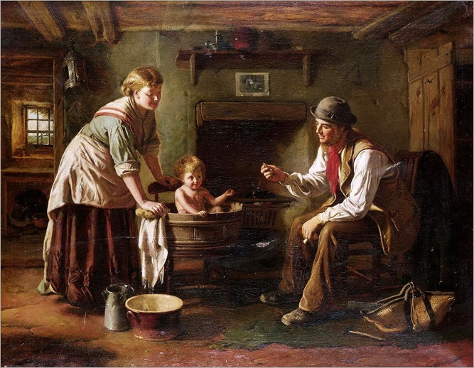 Pai: o que é ser bom nisso? - George Augustus Freezor é um pintor britânico (1838-1905), e seu quadro, baby's bath time, é de 1871. O que vejo no quadro é um pai participando do banho do bebê, mas quem está dando o banho é a mãe.
